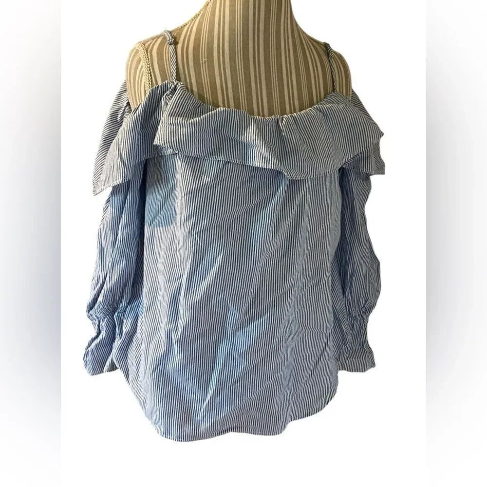 Karen Kane size medium off the shoulder blue and white striped ruffled blouse